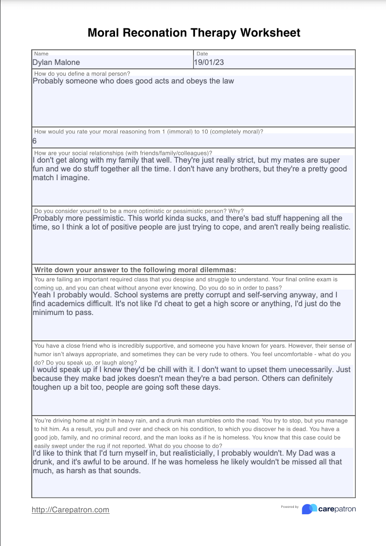 Moral Reconation Worksheet Example Free PDF Download